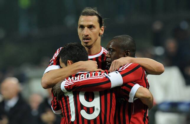 Zlatan IBRAHIMOVIC (Milan) goal celebration with Gianluca ZAMBROTTA and Clarence SEEDORF - Milano, 23 11 2011 - Champions League 2011 2012 - AC Milan vs FC Barcelona - allexsabba