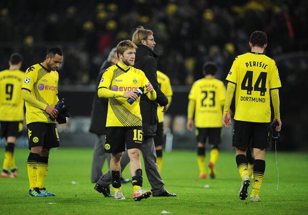 FUSSBALL CHAMPIONS LEAGUE SAISON 2011 2012 Borussia Dortmund - Olympique Marseille 06.12.2011 Antonio Da Silva, Jakub KUBA Blaszczykowski, Trainer Juergen Klopp, Shinji Kagawa und Ivan Perisic (v.l., alle Borussia Dortmund) sind nach dem Abpfiff enttaeuscht