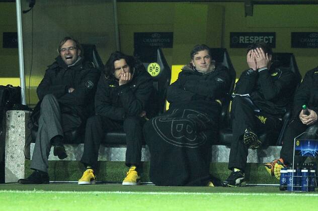 06-12-2011, Fussball, Saison 2011-2012, UEFA Champions League, Vorrunde, 6. Spieltag, Borussia Dortmund - Olympique Marseille 2-3 (v.li.) Trainer Jürgen Klopp (Borussia Dortmund), Co-Trainer Zeljko Buvac (Borussia Dortmund), Manager Michael Zorc (Borussia Dortmund) und Co-Trainer Peter Krawietz (Borussia Dortmund)