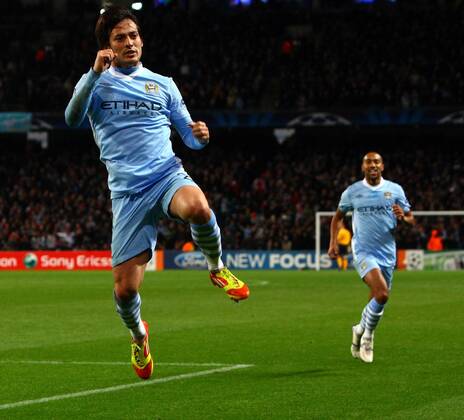 Manchester City - FC Bayern München, David Silva of Manchester City celebrates his opening goal at the Etihad Stadium 