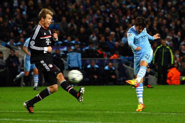 Manchester City - FC Bayern München, David Silva of Manchester City strikes to open the scoring at the Etihad Stadium 