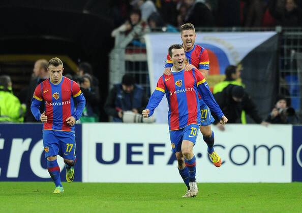 Football - Champions League - FC Basel vs. Manchester United Alexander Frei of FC Basel celebrates scoring their second goal at St. Jakob Park, Basel 