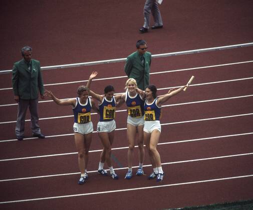 4x400m Staffel DDR, Olympiasieger 1972 in München, v.li.: Dagmar Käsling, Helga Seidler, Rita Kühne, Monika Zehrt