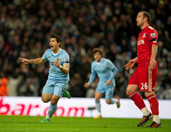 Manchester City s Sergio Kun Agüero celebrates scoring the first goal against Liverpool during the Premiership match at the City of Manchester Stadium. xHOCHxZWEIx xPropagandax