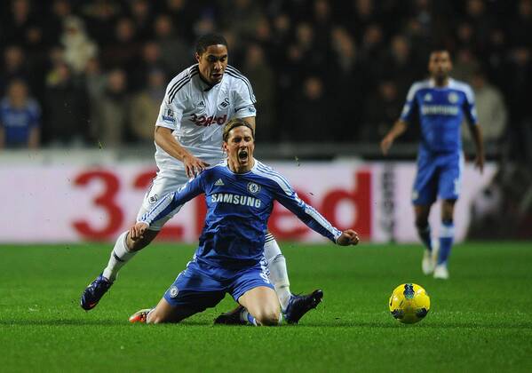 Football - Premier League - Swansea City vs. Chelsea FC - Ashley Williams of Swansea City fouls Chelsea s Fernando Torres at the Liberty Stadium, Swansea