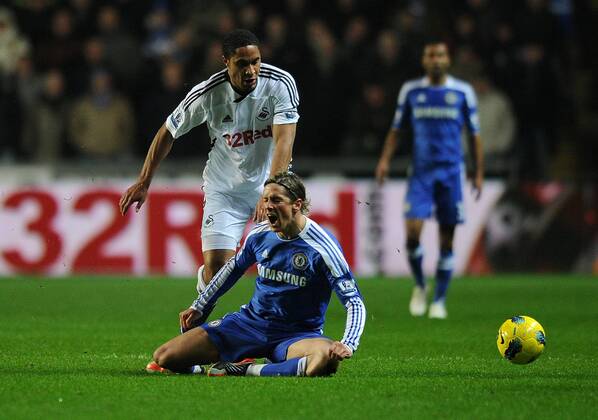 Football - Premier League - Swansea City vs. Chelsea FC -Ashley Williams of Swansea City fouls Chelsea s Fernando Torres at the Liberty Stadium, Swansea