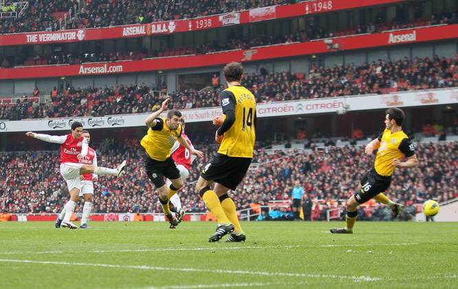 Arsenals Mikel Arteta scoring his sides fourth goal..Arsenal FC London vs. Blackburn Rovers in the Barclays Premier League at the Emirates Stadium, London. 4th February 2012. EDITORIAL USE ONLY. No use with unauthorised audio, video, data, fixture lists, club league logos or live services. Online in-match use limited to 120 images, no video emulation. No use in betting, games or single club league player publications.