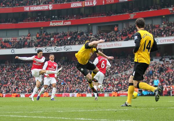 Arsenals Mikel Arteta scoring his sides fourth goal..Arsenal FC London vs. Blackburn Rovers in the Barclays Premier League at the Emirates Stadium, London. 4th February 2012. EDITORIAL USE ONLY. No use with unauthorised audio, video, data, fixture lists, club league logos or live services. Online in-match use limited to 120 images, no video emulation. No use in betting, games or single club league player publications.