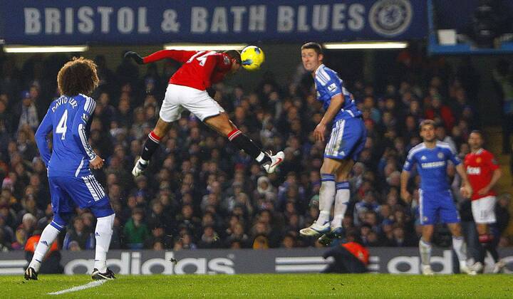 Javier Hernandez Chicharito of Manchester United scores his side s third goal.Barclays Premier League - Chelsea FC London vs. Manchester United at Stamford Bridge, London.5th February, 2012. EDITORIAL USE ONLY. No use with unauthorised audio, video, data, fixture lists, club league logos or live services. Online in-match use limited to 120 images, no video emulation. No use in betting, games or single club league player publications.
