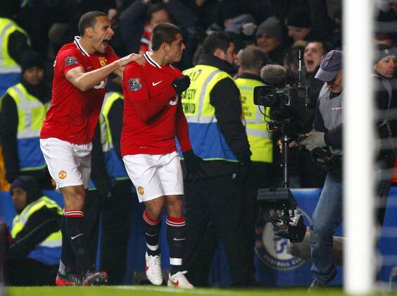Javier Hernandez Chicharito of Manchester United celebrates scoring his side s third goal.Barclays Premier League - Chelsea FC London vs. Manchester United at Stamford Bridge, London.5th February, 2012. EDITORIAL USE ONLY. No use with unauthorised audio, video, data, fixture lists, club league logos or live services. Online in-match use limited to 120 images, no video emulation. No use in betting, games or single club league player publications.