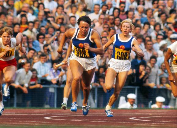 Munich Olympics 1972 10 09 1972 Womens 4 x 100m relay final Renate Stecher - East Germany takes the baton from Bärbel Struppert on the final leg. 
