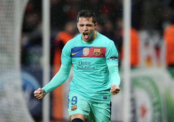 14-02-2012, Fussball, Saison 2011-2012, UEFA Champions League, Achtelfinale, Bayer 04 Leverkusen - FC Barcelona Jubel Alexis Sanchez (FC Barcelona)
