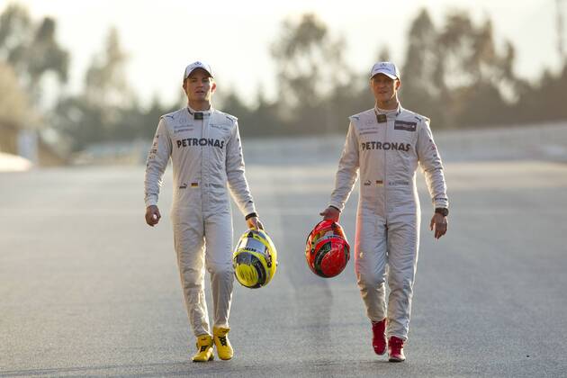 Motorsports: FIA Formula One World Championship 2012, Tests in Barcelona, Nico Rosberg (GER, Mercedes GP Petronas F1 Team), Michael Schumacher (GER, Mercedes GP Petronas F1 Team), xHOCHxZWEIx