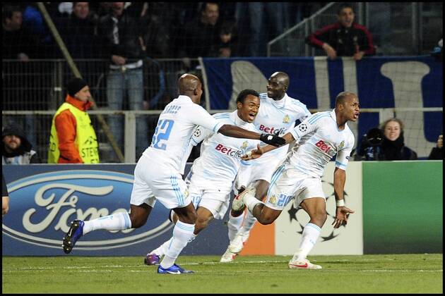 Joie des joueurs marseillais apres le but de Andre Ayew (OM) Foot: OM Inter de Milan - 22.02.2012 - Champions League JBAutissier PanoramiC 