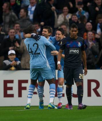 Manchester City s Sergio Kun Aguero celebrates scoring the first goal against FC Porto during the UEFA Europa League Round of 32 2nd Leg match at City of Manchester Stadium. xHOCHxZWEIx xPropagandax