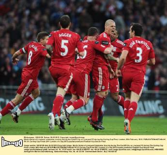 Martin Skrtel of Liverpool celebrates scoring during the Cardiff City vs Liverpool FC during the Carling Cup Final, London..26th February, 2012. EDITORIAL USE ONLY. No use with unauthorised audio, video, data, fixture lists, club league logos or live services. Online in-match use limited to 120 images, no video emulation. No use in betting, games or single club league player publications. PC 01