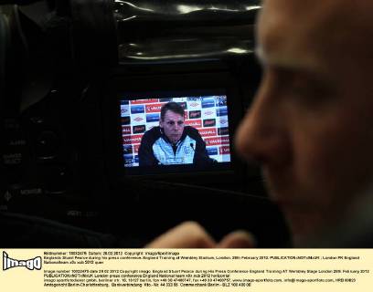 Englands Stuart Pearce during his press conference..England Training at Wembley Stadium, London. 28th February 2012. EDITORIAL USE ONLY. No use with unauthorised audio, video, data, fixture lists, club league logos or live services. Online in-match use limited to 120 images, no video emulation. No use in betting, games or single club league player publications.