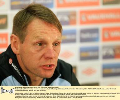 Englands Stuart Pearce during his press conference..England Training at Wembley Stadium, London. 28th February 2012. EDITORIAL USE ONLY. No use with unauthorised audio, video, data, fixture lists, club league logos or live services. Online in-match use limited to 120 images, no video emulation. No use in betting, games or single club league player publications.