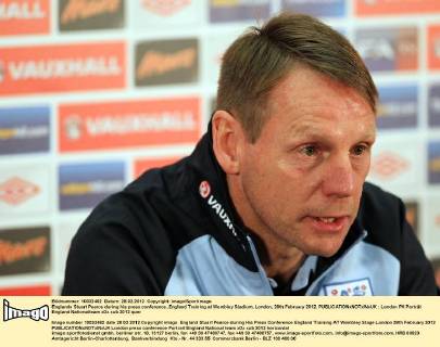 Englands Stuart Pearce during his press conference..England Training at Wembley Stadium, London. 28th February 2012. EDITORIAL USE ONLY. No use with unauthorised audio, video, data, fixture lists, club league logos or live services. Online in-match use limited to 120 images, no video emulation. No use in betting, games or single club league player publications.