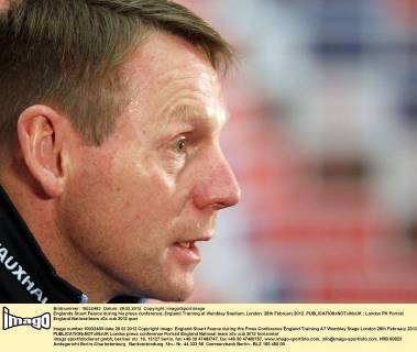 Englands Stuart Pearce during his press conference..England Training at Wembley Stadium, London. 28th February 2012. EDITORIAL USE ONLY. No use with unauthorised audio, video, data, fixture lists, club league logos or live services. Online in-match use limited to 120 images, no video emulation. No use in betting, games or single club league player publications.