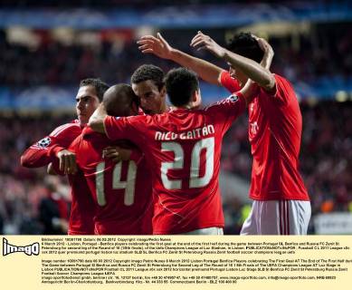 6 March 2012 - Lisbon, Portugal - Benfica players celebrating the first goal at the end of the first half during the game between Portugal SL Benfica and Russia FC Zenit St Petersburg for second leg of the Round of 16 (1 8th finals), of the Uefa Champions League at Luz Stadium, in Lisbon. 