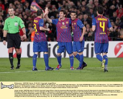 Jubel, Freude Barcelona nach 2-0 -- Andres INIESTA (FC Barcelona - 8), Lionel MESSI (FC Barcelona - 10), Pedro RODRIGUEZ (Pedrito) (FC Barcelona - 17), Cesc FABREGAS (FC Barcelona - 4) Champions League, Herren, Männer, Saison 2011-2012, Achtelfinale, Rückspiel, 07.03.2012, FC Barcelona - Bayer 04 Leverkusen