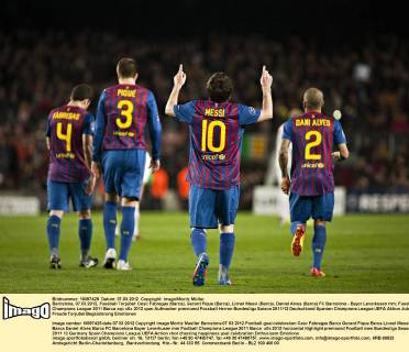 Barcelona, 07.03.2012, Fussball Torjubel: Cesc Fabregas (Barca), Gerard Pique (Barca), Lionel Messi (Barca), Daniel Alves (Barca) FC Barcelona - Bayer Leverkusen mm