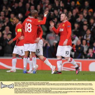 Wayne Rooney of Manchester United celebrates his opening goal..UEFA Europa League round of 16 match between Manchester Utd v Athletic Bilbao at Old Trafford Stadium, Manchester on the 8th March EDITORIAL USE ONLY. No use with unauthorised audio, video, data, fixture lists, club league logos or live services. Online in-match use limited to 120 images, no video emulation. No use in betting, games or single club league player publications.