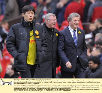 Sir Alex Ferguson manager of Manchester United and Roy Hodgson manager of West Bromwich Albion at the end of the match.Barclays Premier League match between Manchester Utd v WBA at Old Trafford, Manchester on the 11th March 2012.. EDITORIAL USE ONLY. No use with unauthorised audio, video, data, fixture lists, club league logos or live services. Online in-match use limited to 120 images, no video emulation. No use in betting, games or single club league player publications.
