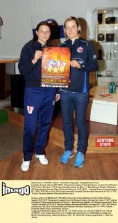Fussball, Frauen, Saison 2011 2012, Champions League, Pressekonferenz vor dem Viertelfinale 1. FFC Turbine Potsdam - FC Rossiyanka (Russland), im Bild: v. l. Spielführerin Natalia Shlyapina (FC Rossiyanka),Jennifer Zietz (Turbine Potsdam), 13.03. 2012,