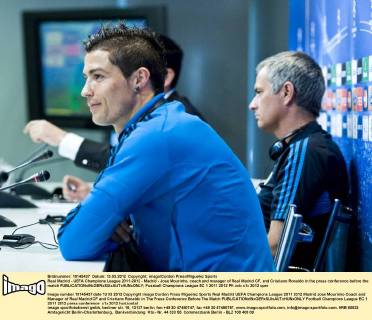 Real Madrid - UEFA Champions League 2011-2012 - Madrid - Jose Mourinho, coach and manager of Real Madrid CF, and Cristiano Ronaldo in the press conference before the match 