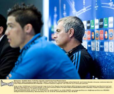 Real Madrid - UEFA Champions League 2011-2012 - Madrid - Jose Mourinho, coach and manager of Real Madrid CF, and Cristiano Ronaldo in the press conference before the match 