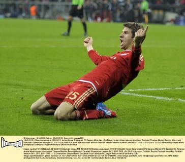 13.03.2012, Championsleague 2011 2012, Achtelfinale Rückspiel, FC Bayern München - FC Basel, in der Allianz-Arena München. Torjubel Thomas Müller (Bayern München).