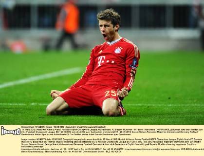 13. März 2012: München, Allianz Arena: Fussball UEFA Champions League, Achtelfinale: FC Bayern München - FC Basel: Münchens THOMAS MÜLLER jubelt über sein Treffer zum 2:0.