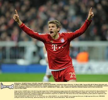 FUSSBALL CHAMPIONS LEAGUE SAISON 2011 2012 Achtelfinale RÜCKSPIEL 13.03.2012 FC Bayern München - FC Basel JUBEL Thomas MÜLLER (FC Bayern München) nach seinem Tor zum 2-0 