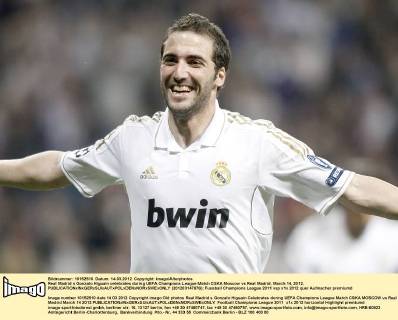 Real Madrid s Gonzalo Higuain celebrates during UEFA Champions League Match CSKA Moscow vs Real Madrid. March 14, 2012.  (201203147876)