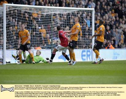 Javier Hernandez (Chicharito) of Manchester United scores the fifth goal of the game.- Wolverhampton Wanderers vs. Manchester United (ManU) - Barclays Premier League - Wolverhampton EDITORIAL USE ONLY. No use with unauthorised audio, video, data, fixture lists, club league logos or live services. Online in-match use limited to 120 images, no video emulation. No use in betting, games or single club league player publications.