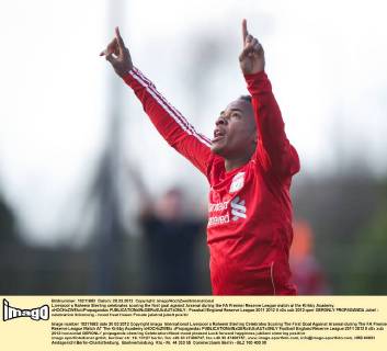 Liverpool s Raheem Sterling celebrates scoring the first goal against Arsenal during the FA Premier Reserve League match at the Kirkby Academy. xHOCHxZWEIx xPropagandax
