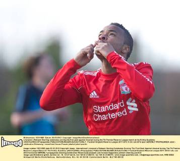 Liverpool s Raheem Sterling celebrates scoring the first goal against Arsenal during the FA Premier Reserve League match at the Kirkby Academy. xHOCHxZWEIx xPropagandax