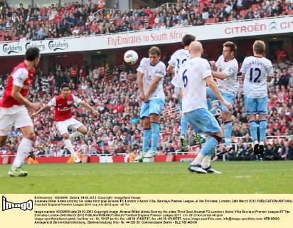 Arsenals Mikel Arteta scoring his sides third goal Arsenal FC London v Aston Villa, Barclays Premier League, at the Emirates, London. 24th March 2012 EDITORIAL USE ONLY. No use with unauthorised audio, video, data, fixture lists, club league logos or live services. Online in-match use limited to 120 images, no video emulation. No use in betting, games or single club league player publications.