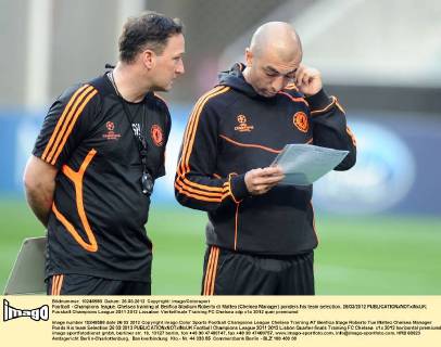 Football - Champions league. Chelsea training at Benfica Stadium Roberto di Matteo (Chelsea Manager) ponders his team selection. 26 03 2012 