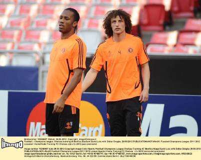 Football - Champions league. Chelsea training at Benfica Stadium David Luis with Didier Drogba. 26 03 2012 
