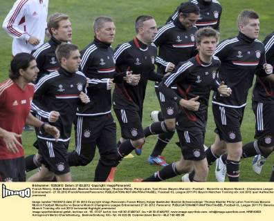 Franck Ribery, Holger Badstuber, Bastian Schweinsteiger, Thomas Müller, Philip Lahm, Toni Kroos (Bayern Munich) - Football : Marseille vs Bayern Munich - Champions League - Entrainement - 27.03.2012 FranckPennant Panoramic 