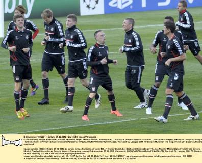 Franck Ribery, Holger Badstuber, Bastian Schweinsteiger, Thomas Müller, Mario Gomez, Toni Kroos (Bayern Munich) - Football : Marseille vs Bayern Munich - Champions League - Entrainement - 27.03.2012 FranckPennant Panoramic 
