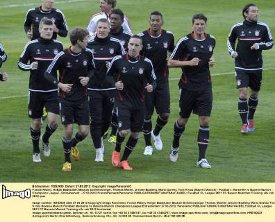 Franck Ribery, Holger Badstuber, Bastian Schweinsteiger, Thomas Müller, Jerome Boateng, Mario Gomez, Toni Kroos (Bayern Munich) - Football : Marseille vs Bayern Munich - Champions League - Entrainement - 27.03.2012 FranckPennant Panoramic 