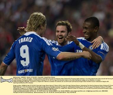 27 March 2012 - Lisbon, Portugal - Chelsea players celebrating the goal by Salomon Kalou Chelsea FC Forward (right) making ii 1-0 at the almost end of the second half during the match between Portugal SL Bebfica and England Chelsea FC for the first leg of the Quarter-finals, of the Uefa Champions League at Luz Stadium, in Lisbon. 