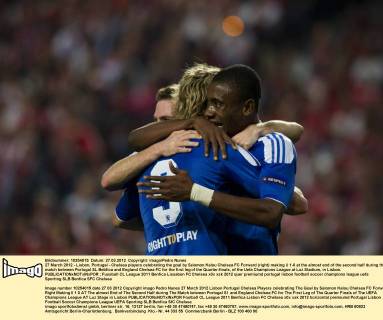 27 March 2012 - Lisbon, Portugal - Chelsea players celebrating the goal by Salomon Kalou Chelsea FC Forward (right) making ii 1-0 at the almost end of the second half during the match between Portugal SL Bebfica and England Chelsea FC for the first leg of the Quarter-finals, of the Uefa Champions League at Luz Stadium, in Lisbon. 