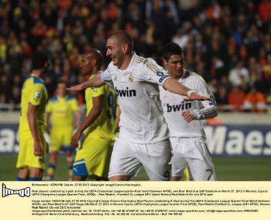 Real players celebrating a goal during the UEFA Champions League quarter-final match between APOEL and Real Madrid at GSP Stadium on March 27, 2012 in Nicosia, Cyprus. UEFA Champions League Quarter-Final, APOEL - Real Madrid