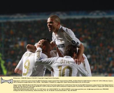 Real players celebrating a goal during the UEFA Champions League quarter-final match between APOEL and Real Madrid at GSP Stadium on March 27, 2012 in Nicosia, Cyprus. UEFA Champions League Quarter-Final, APOEL - Real Madrid