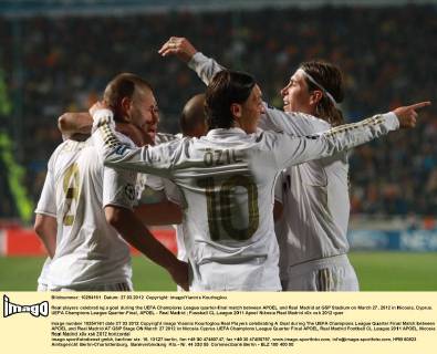Real players celebrating a goal during the UEFA Champions League quarter-final match between APOEL and Real Madrid at GSP Stadium on March 27, 2012 in Nicosia, Cyprus. UEFA Champions League Quarter-Final, APOEL - Real Madrid